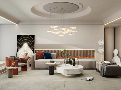 Modern Living Room Interior With Sofa Coffee Table Fireplace Chandelier And Decorative Art 3d model