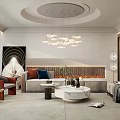 Modern Living Room Interior With Sofa Coffee Table Fireplace Chandelier And Decorative Art