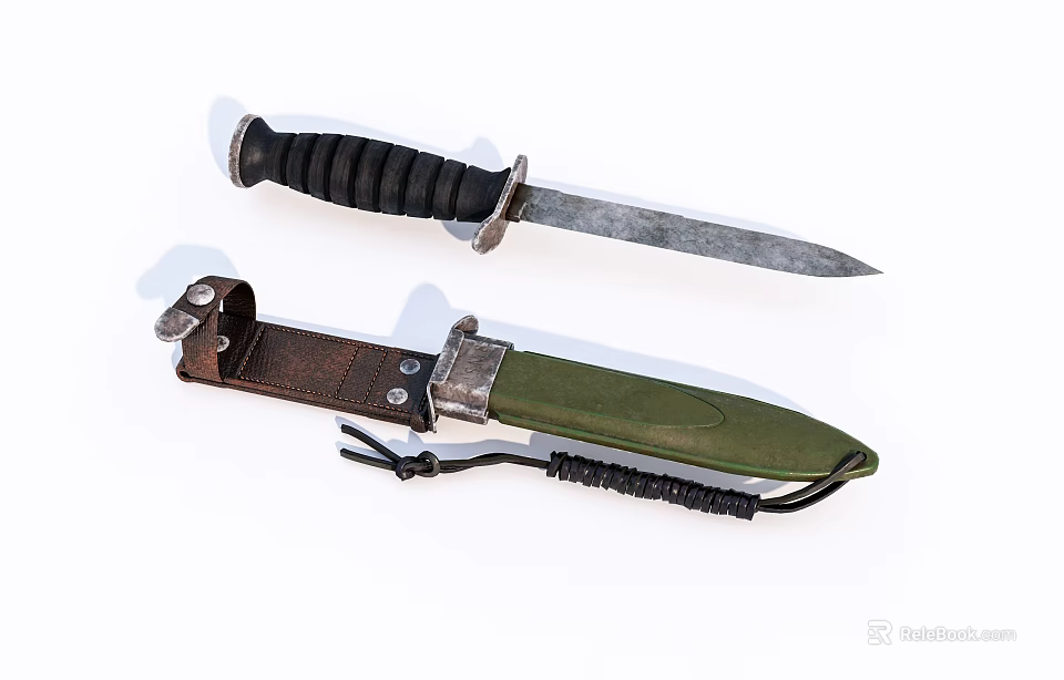 Tactical Weapon Knife With Black Handle Metal Blade And Green Sheath 3d model 