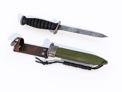 Tactical Weapon Knife With Black Handle Metal Blade And Green Sheath 3d model