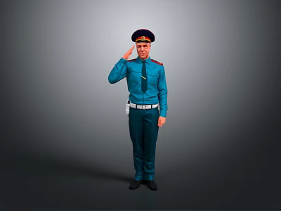 Uniformed Man Saluting In Blue Uniform With Hat Standing In Formal Front View 3d model