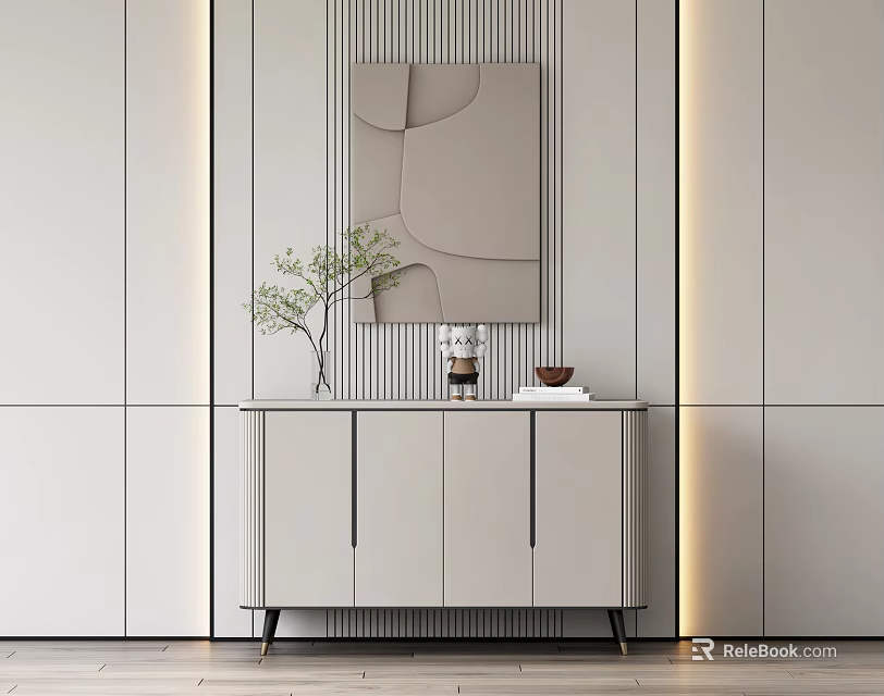 Modern Entryway Console Table With Decorative Mirror Plant And Wall Paneling Lighting 3d model