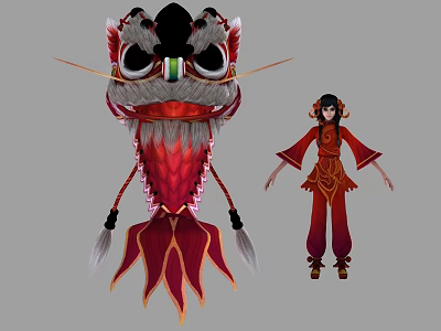 Vibrant Game Film Characters With Red Lion Dance Head and Traditional Female Costume 3d model