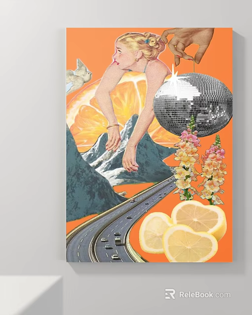 Abstract Painting Featuring Woman's Arm Sliced Orange Disco Ball Mountains Road Flowers and Lemon Slices 3d model 
