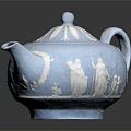 Light Blue Teapot With Intricate Sculpture Carving And Relief Figures Design