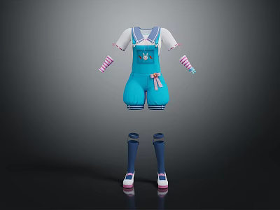 Blue Overalls Shorts Outfit With White T-shirt Striped Sleeves Pink Bow And Blue Socks 3d model