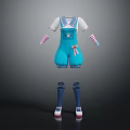 Blue Overalls Shorts Outfit With White T-shirt Striped Sleeves Pink Bow And Blue Socks