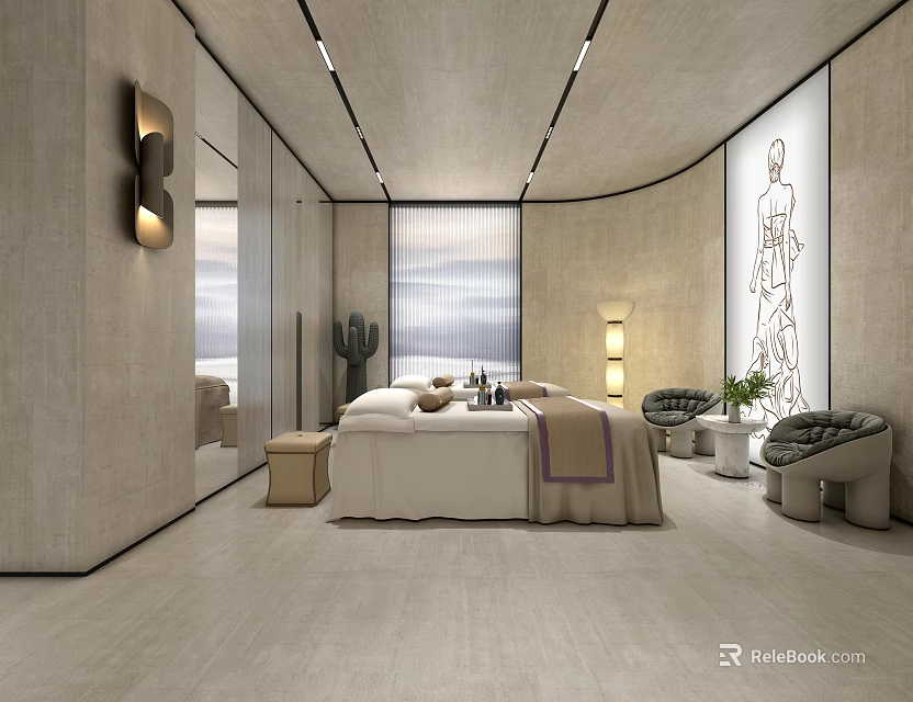 Relaxing Modern SPA Sauna Interior With Treatment Bed Soft Towels Cactus Plant And Warm Lighting 3d model 