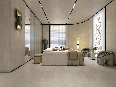 Relaxing Modern SPA Sauna Interior With Treatment Bed Soft Towels Cactus Plant And Warm Lighting 3d model