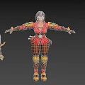 Woman Warrior in Red Outfit with Gold Armor Accents and Arms Outstretched Holding Sword
