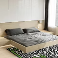 Modern Wooden Platform Double Bed With Gray Bedding Drawer Storage And Geometric Rug