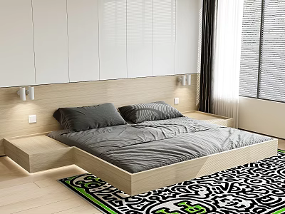 Modern Wooden Platform Double Bed With Gray Bedding Drawer Storage And Geometric Rug 3d model