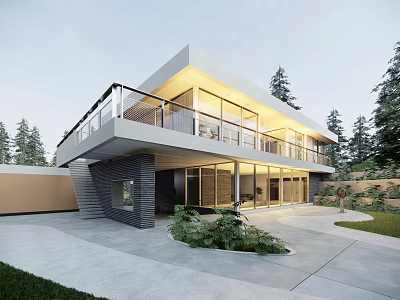 Modern Detached Villa Exterior With Large Glass Windows Balcony Driveway And Trees 3d model