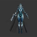 Frost Themed Female Warrior In Silver Blue Armor With Black Cape And Crystal Weapon