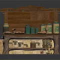 Wooden Carved Sideboard With Shelves Cabinets Displaying Cans Bread And Decorative Items