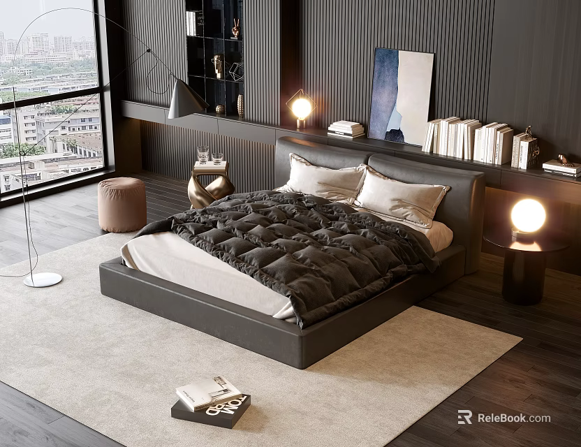 Modern Double Bed in Contemporary Bedroom with Table Lamps Nightstand and City View Window 3d model 