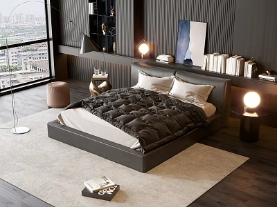 Modern Double Bed in Contemporary Bedroom with Table Lamps Nightstand and City View Window 3d model