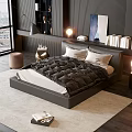 Modern Double Bed in Contemporary Bedroom with Table Lamps Nightstand and City View Window