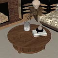 Round Wooden Coffee Table with Striped Design in Living Room with Patterned Sofa Fireplace Decorations