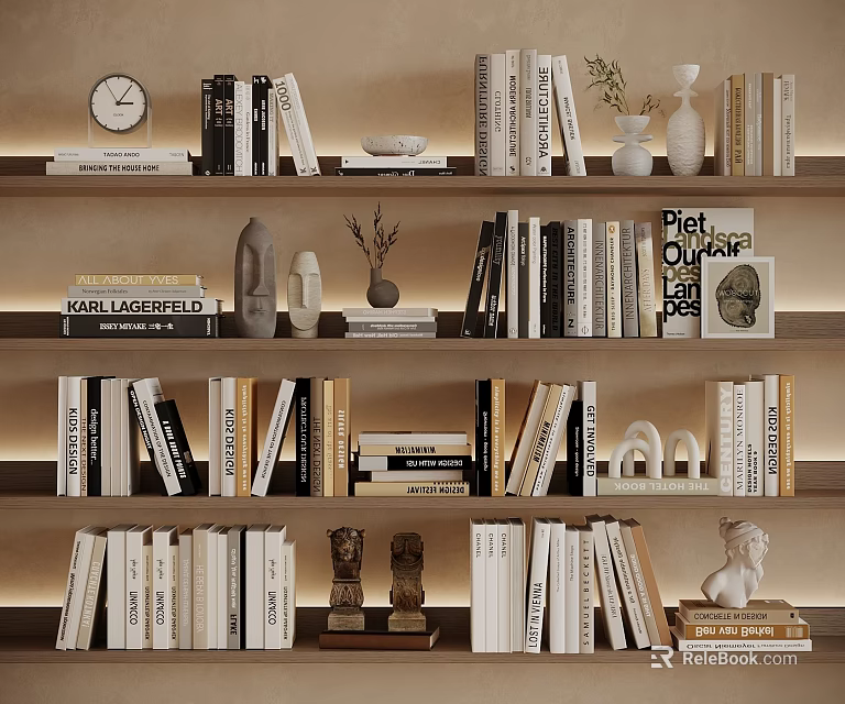 Stylish Bookshelf With Books Karl Lagerfeld Pet Curious Clock Sculptures Vases And Small Plant 3d model 