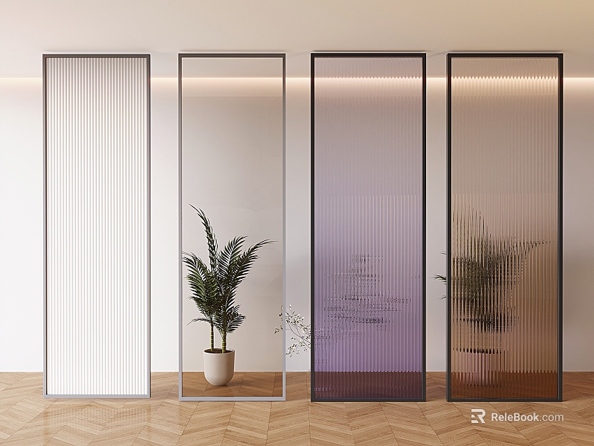 Modern Glass Room Dividers With Vertical Stripes And Potted Plants Indoors 3d model 