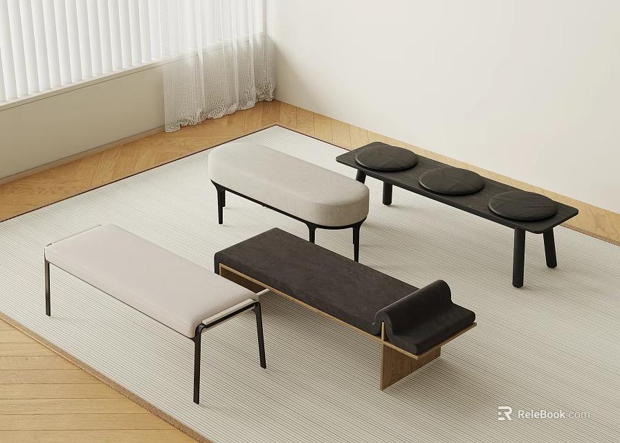 Modern Minimalist Stools In Different Colors With Upholstered Seats And Wooden Legs 3d model 
