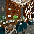 Elegant Lounge Area With Plush Sofa Teal Armchairs Decorative Tree Wooden Wall And Chandeliers