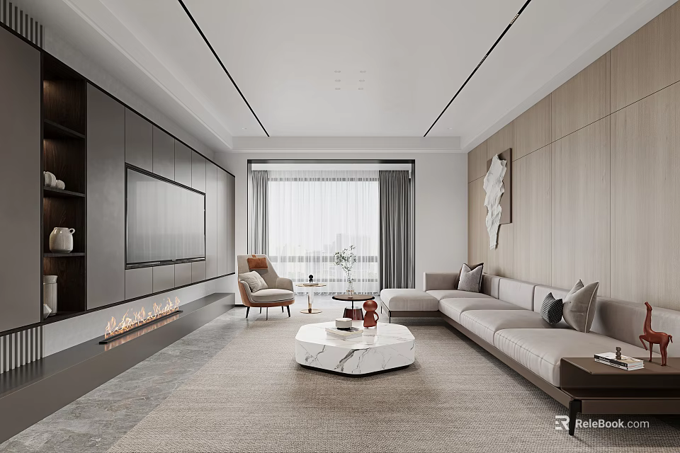 Modern Living Dining Room With Grey Sofa Marble Coffee Table TV Wall And Wooden Walls 3d model 