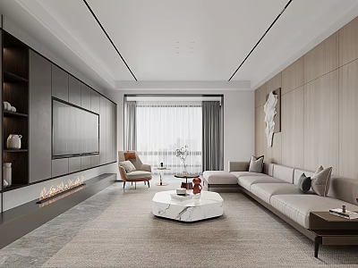 Modern Living Dining Room With Grey Sofa Marble Coffee Table TV Wall And Wooden Walls 3d model