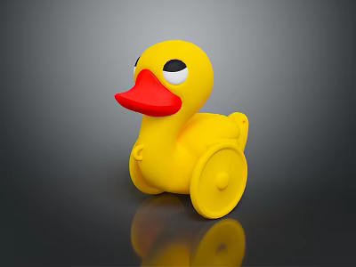 Yellow Plastic Toy Duck With Red Beak Black Eyes And Wheels For Children Play 3d model