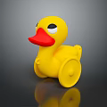Yellow Plastic Toy Duck With Red Beak Black Eyes And Wheels For Children Play