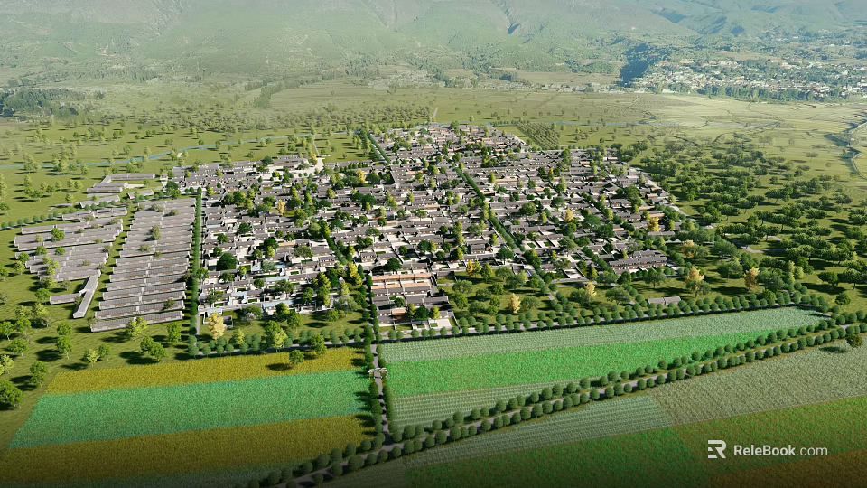 Aerial View Of Rural Village Surrounded By Green Fields And Mountains 3d model 