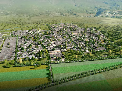 Aerial View Of Rural Village Surrounded By Green Fields And Mountains 3d model
