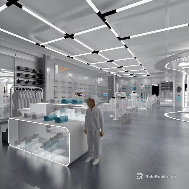 Modern Bright Clothing Store Interior With Open Display Shelves And Lighting Design 3d model 