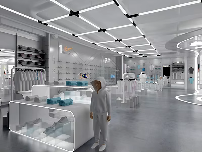 Modern Bright Clothing Store Interior With Open Display Shelves And Lighting Design 3d model
