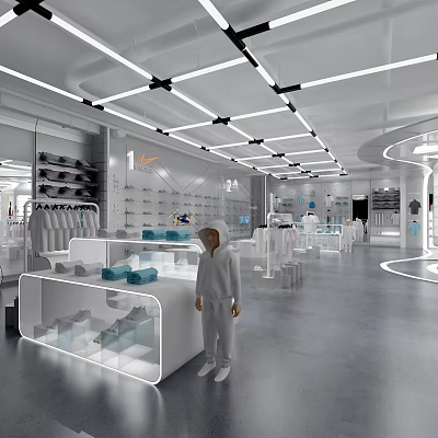 Modern Bright Clothing Store Interior With Open Display Shelves And Lighting Design 3d model