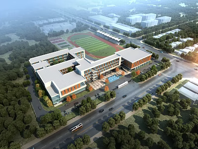 Aerial Planning Of Modern Campus With Academic Buildings Sports Field Roads And Green Landscaping 3d model