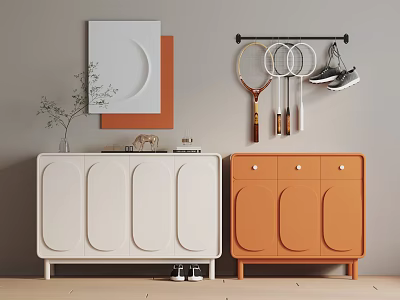 Stylish Entryway Side Cabinet With White Orange Finish Hanging Rack Potted Plant And Wall Art 3d model
