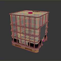 Industrial IBC Storage Tank With Metal Frame White Container Red Cap And Wooden Pallet