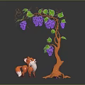 Cute Red Fox Standing By Grape Tree With Purple Grapes Green Leaves And Tree Roots