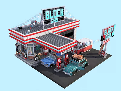 Cartoon Style Gas Station Scene With BLOCK GAS Sign Vintage Cars And Decorative Flags 3d model