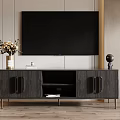 Modern Wooden TV Stand With Metal Handles Drawers Open Shelves Vase And Books On Top