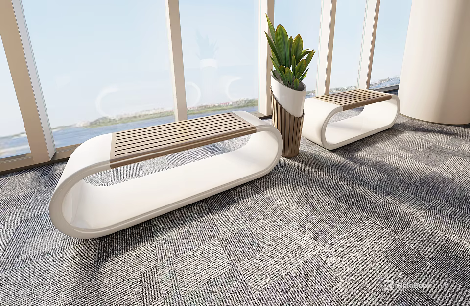 Public Chairs with Modern White Frame and Wooden Seats Near Large Windows with Green Plant 3d model 