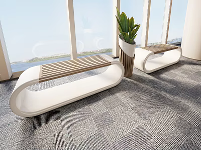 Public Chairs with Modern White Frame and Wooden Seats Near Large Windows with Green Plant 3d model