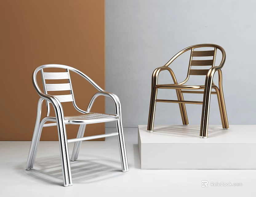 Silver And Gold Metal Frame Leisure Chairs With Curved Armrests Striped Backrests Modern Design 3d model 