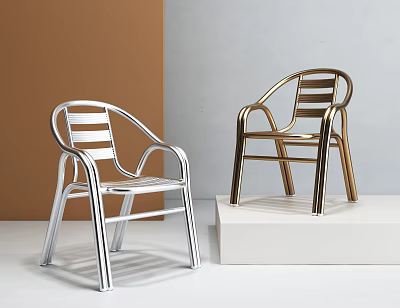 Silver And Gold Metal Frame Leisure Chairs With Curved Armrests Striped Backrests Modern Design 3d model