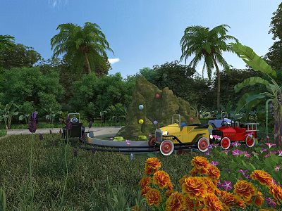 Fun Amusement Park With Track Cars Palm Trees Lush Greenery And Colorful Flowers 3d model
