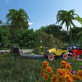 Fun Amusement Park With Track Cars Palm Trees Lush Greenery And Colorful Flowers