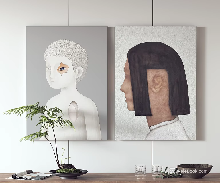 Two Abstract Portrait Paintings With Different Hairstyles In White Home Interior Decor 3d model 