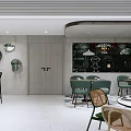 Modern Minimalist Cafe Interior With Slatted Ceiling Green Chairs Wooden Tables And Decorative Wall Art